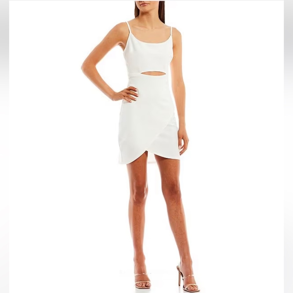 MORGAN & CO Sleeveless Spaghetti Strap Cutout Tulip-Hem Scuba Crepe Sheath Dress